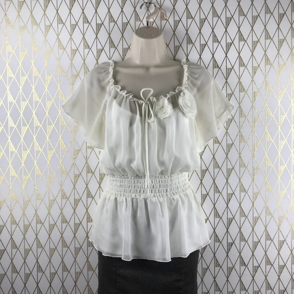 Flutter Sleeve Sheer Chic Cream Blouse Top - Picture 2 of 16